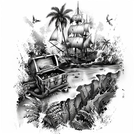 Beach with shipwreck and treasure chest