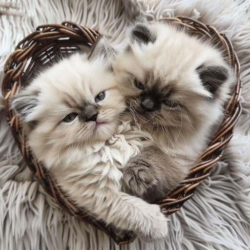 Two Himalayan kittens cuddling in a heart-shaped basket
