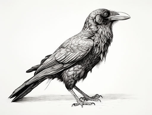 Detailed black and white drawing of a raven