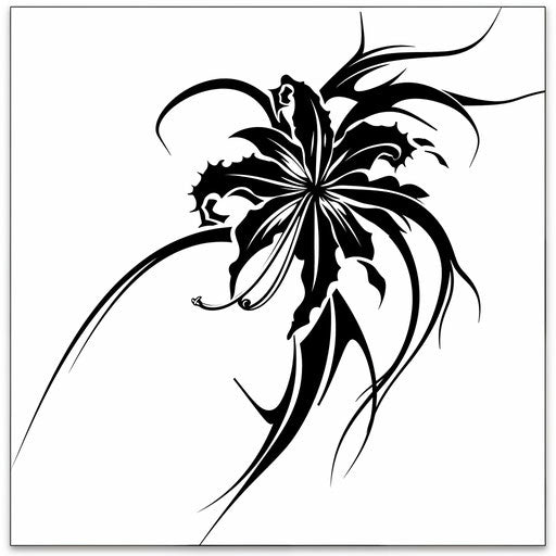 Tribal style spider lily tattoo with bold patterns and sharp edges on pristine white background