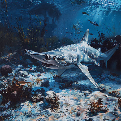 Hammerhead shark hunting near the ocean floor