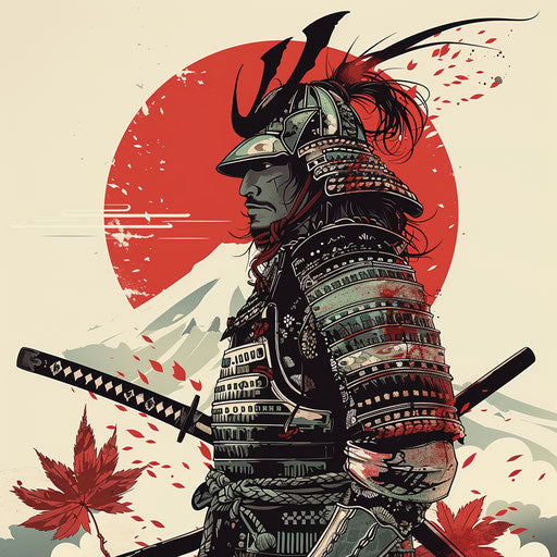 Samurai warrior facing red sun behind Mount Fuji