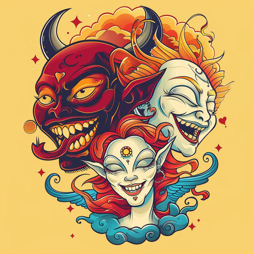 Vibrant flat tattoo sketch of a laughing devil and a serene angel