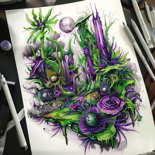 Mystical tattoo sketch of an alien landscape with exotic plants in green and purple