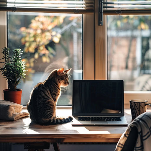 Cosy home office with laptop, coffee mug, and cat