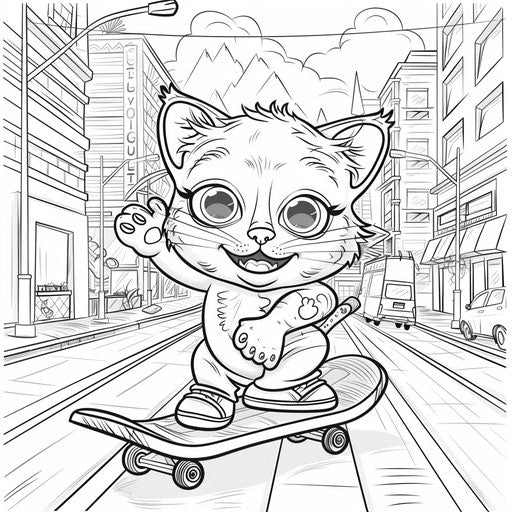 Cartoon cat on skateboard in city