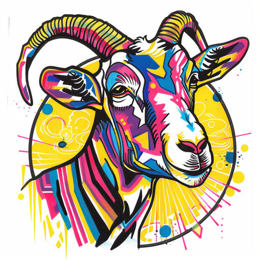 Pop art goat tattoo design, bright colors and bold outlines