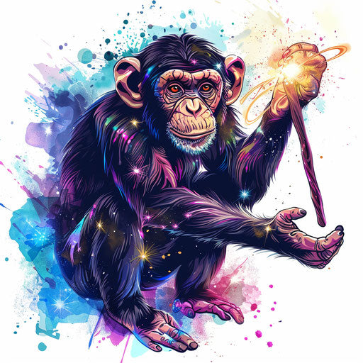 Enchanting monkey with magic wand and mystical tattoo design in sparkling colors on white background