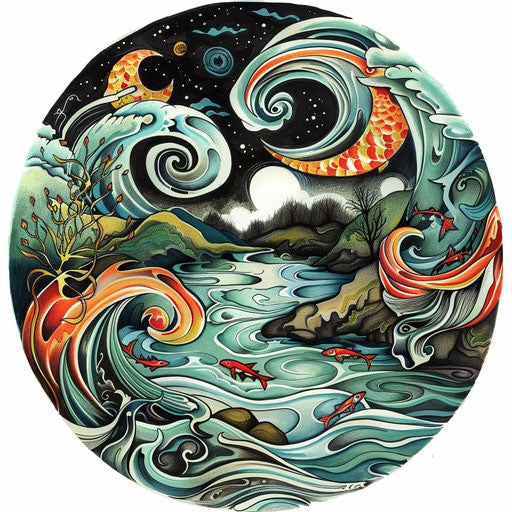 Stylized flat tattoo sketch of a riverside with swirling winds and vibrant fish