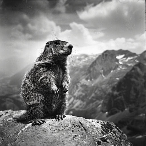 Groundhog on rock, mountains in the background