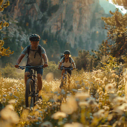 Two mountain bikers riding through tall grass in rocky mountains