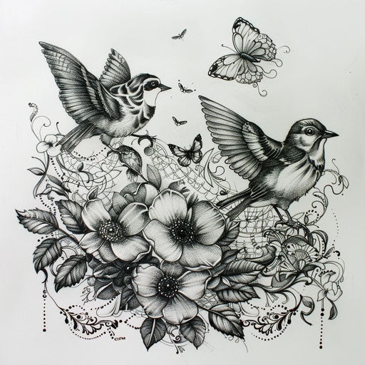 Whimsical lace tattoo sketch with butterflies and birds