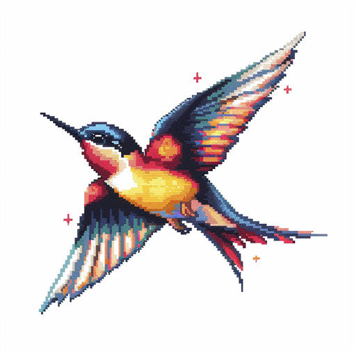 Swallow tattoo pixel art, 8-bit style, colorful and vibrant, on plain white background.