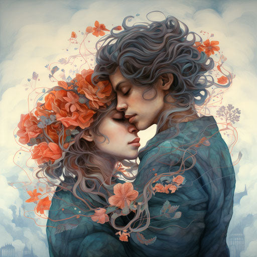 An animated image of a couple hugging and holding hands