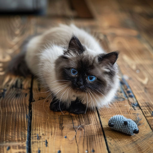Himalayan cat playing with wooden toy mouse