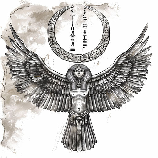 Ancient Egyptian style wings tattoo artwork, with hieroglyphic details, illustrated on white paper