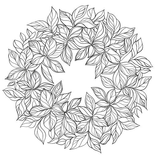 Circle of overlapping leaves and vines. Coloring book page