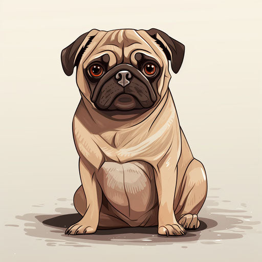 Pug dog on white background, artistic style, brooding mood