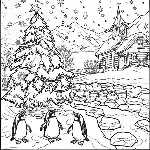 Detailed winter view with penguins decorating a Christmas tree