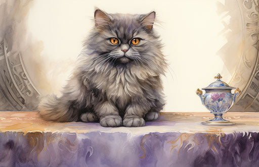 Gray cat on table, looking at camera, tony diterlizzi style, spectacular show