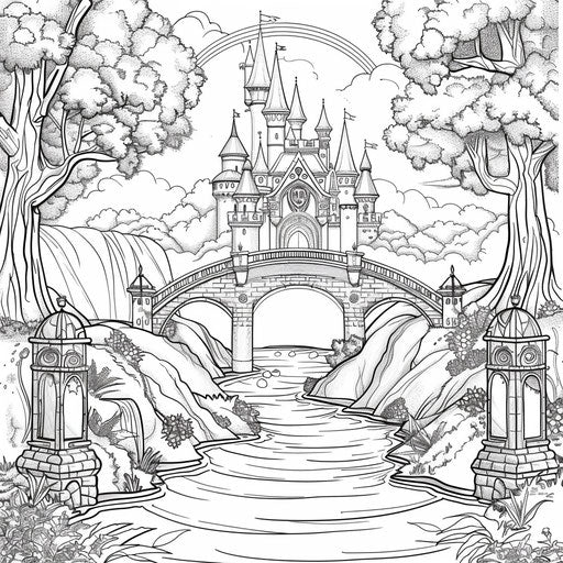Magical forest with rainbow bridge leading to castle