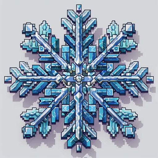 Clipart style tattoo sketch of a snowflake in a pixel art style, using a range of blue shades