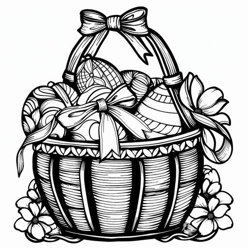 Easter basket coloring page, contrasting cartoonish elements