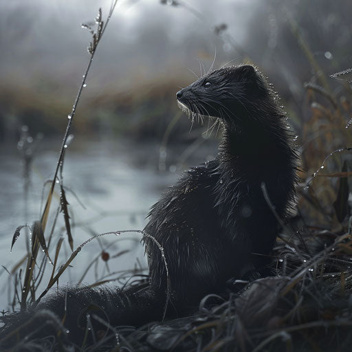 Mink with sleek fur glistening in the morning dew