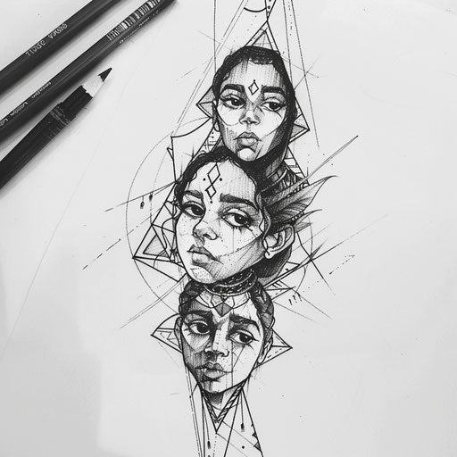 Flat tattoo sketch for three children with geometric pattern