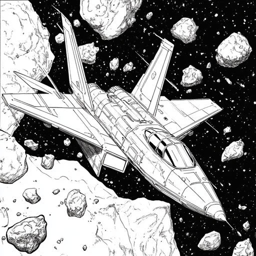 A futuristic space jet navigating through an asteroid field, in the style of Ruben Ireland, Coloring book page