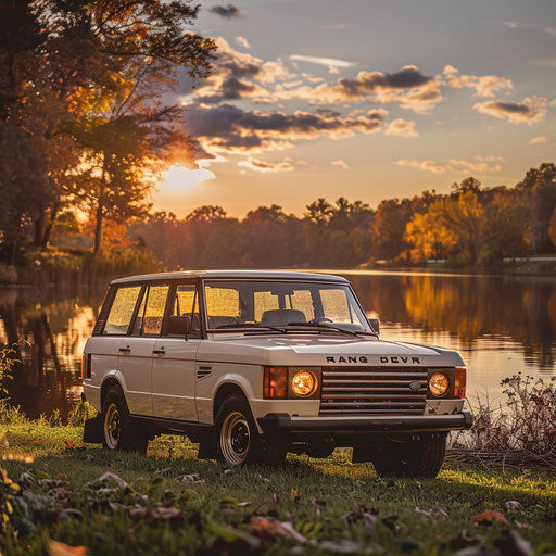 Immaculately restored 1980 Range Rover by serene lake