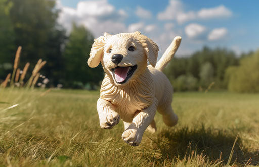 Golden retriever puppy running on a field in the lawn