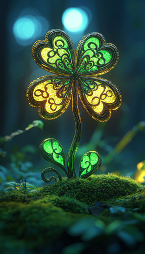 Shiny golden and green shamrock with glowing Irish designs