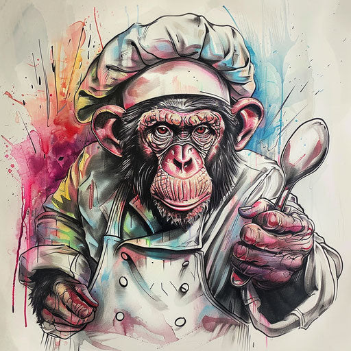 Sketch monkey chef with spoon, culinary tattoo art with delicious colors on white canvas