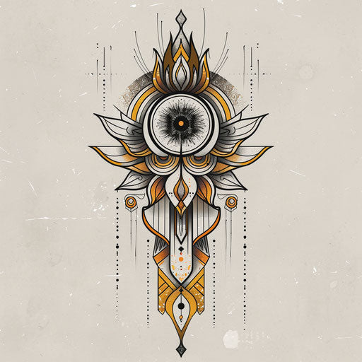 Art deco tattoo sketch for dotwork tattoo with symmetrical patterns and gold accents