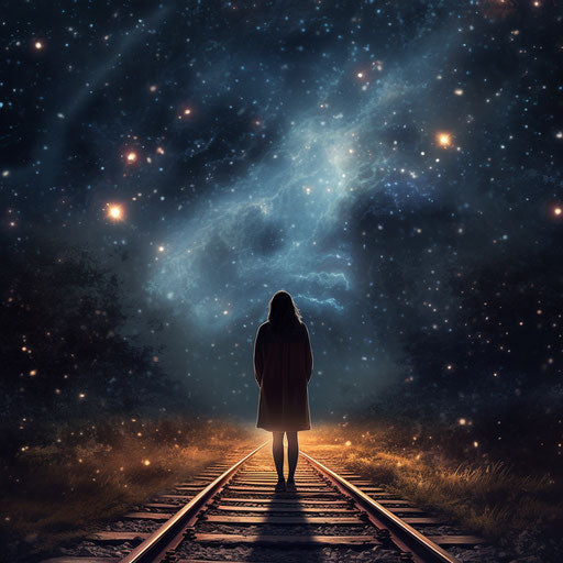 the lonely girl with black hair standing on the train tracks