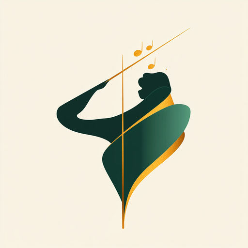 Elegant music logo with stylized conductor's baton and refined typography in green and gold