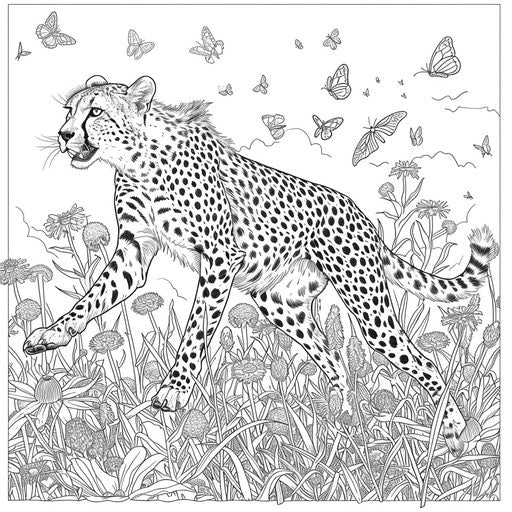 Cheetah running through a field of wildflowers with butterflies