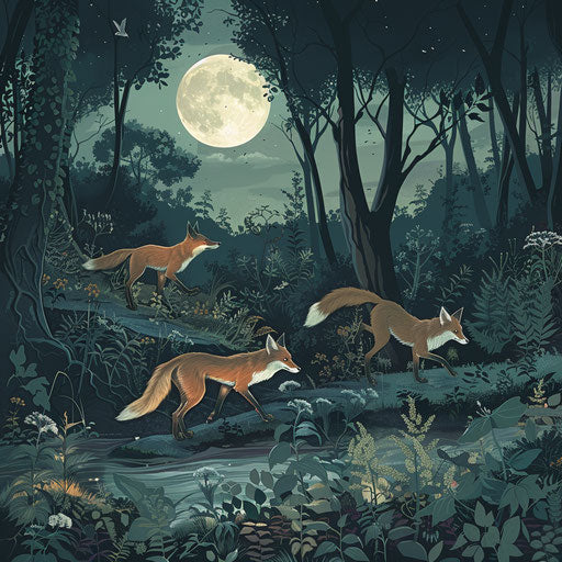 Foxes evading predators in a moonlit forest