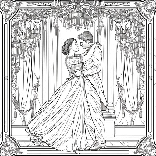 Graceful dance under a chandelier, coloring book page