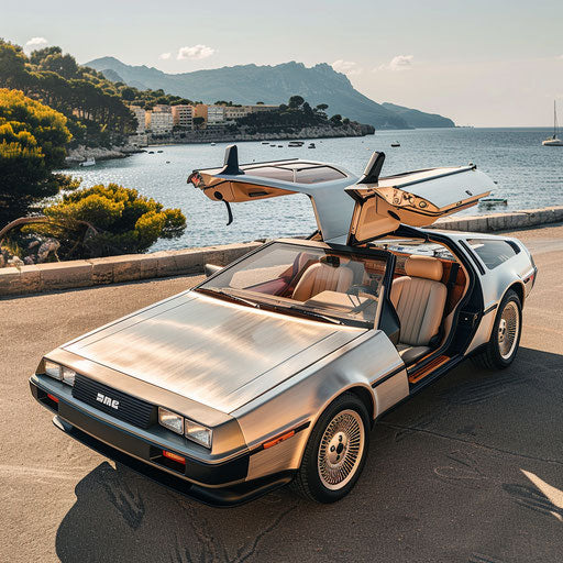 Luxury yacht-themed 1981 DeLorean DMC-12 parked on sunlit Mediterranean coastal road