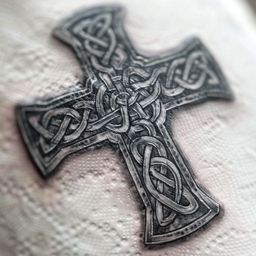 Intricate Celtic cross tattoo on white background