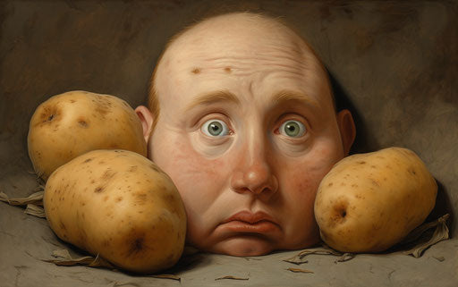 The cut up potato face with eyes and ears