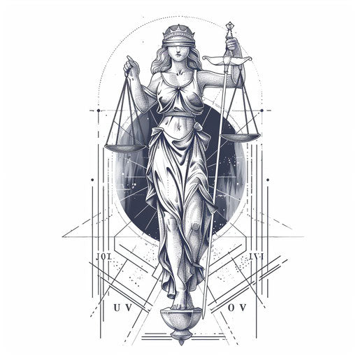 Illustrated concept for a Justice tarot card tattoo