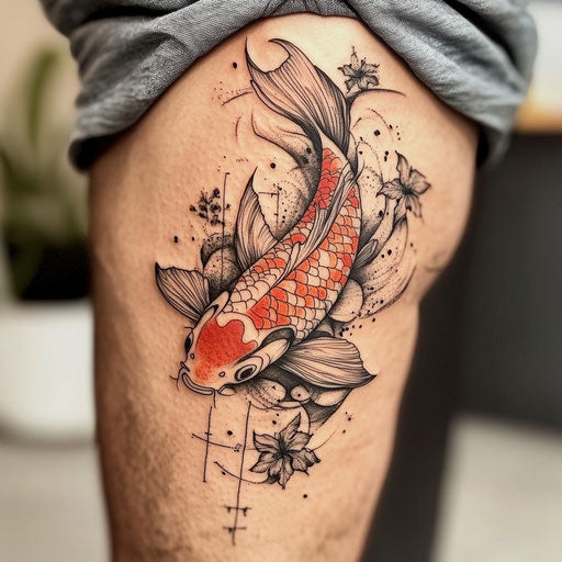 Family tattoos for men, a koi fish swimming against the current with family symbols, in the style of Maria Sibylla Merian
