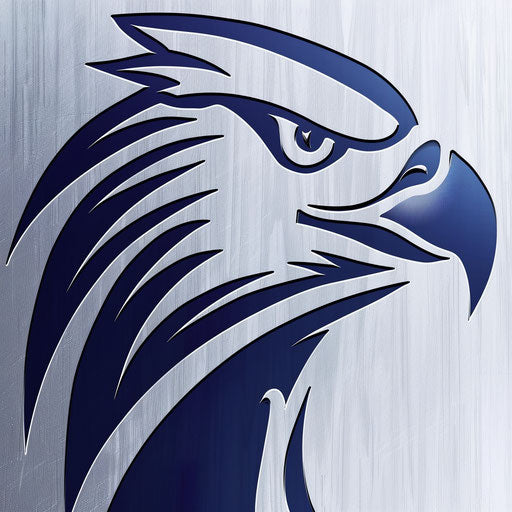 Intense eagle sports logo in navy blue and white, on a silver background