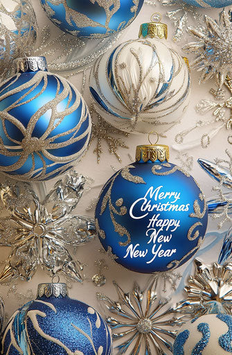 Festive Christmas ornaments and snowflakes in blue, silver, white, and gold