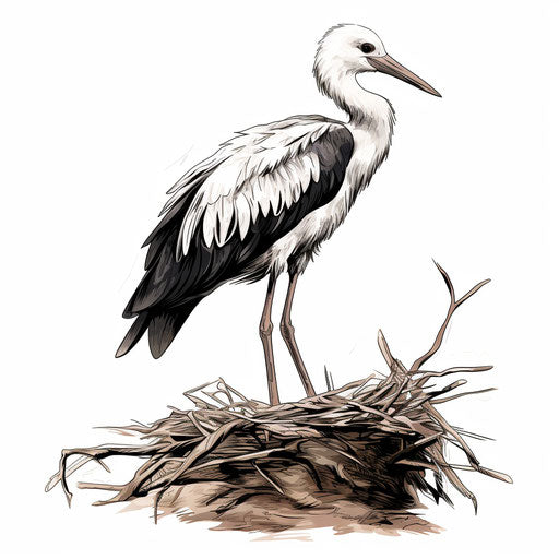 Stork drawing in the Chiaroscuro Art style on white background