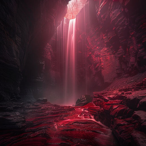 Ruby Falls with dramatic lighting and misty ambiance