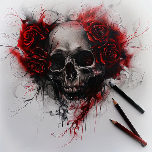 Gothic tattoo sketch of a skull with roses